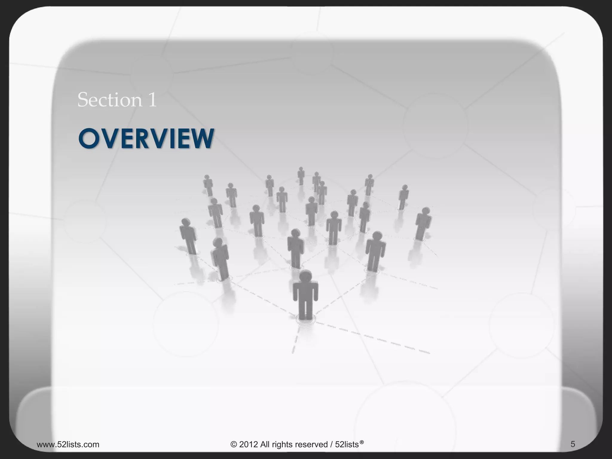 OVERVIEW
Section 1
5www.52lists.com © 2012 All rights reserved / 52lists®
 