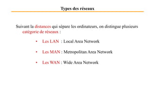 Types des réseaux
Suivant la distances qui sépare les ordinateurs, on distingue plusieurs
catégorie de réseaux :
• Les LAN : Local Area Network
• Les MAN : Metropolitan Area Network
• Les WAN : Wide Area Network
 