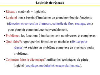 Logiciels de réseaux
• Réseau : matériels + logiciels.
• Logiciel : on a besoin d’implanter un grand nombre de fonctions
(détection et correction d’erreurs, contrôle de flux, routage, etc.)
pour pouvoir communiquer convenablement.
• Problème : les fonctions à implanter sont nombreuses et complexes.
• Quoi faire?: regrouper les fonctions en modules (diviser pour
régner)  réduire un problème complexe en plusieurs petits
problèmes.
• Comment faire le découpage?: utiliser les techniques de génie
logiciel (couplage, modularité, encapsulation, etc.).
 