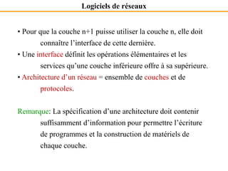 Logiciels de réseaux
• Pour que la couche n+1 puisse utiliser la couche n, elle doit
connaître l’interface de cette dernière.
• Une interface définit les opérations élémentaires et les
services qu’une couche inférieure offre à sa supérieure.
• Architecture d’un réseau = ensemble de couches et de
protocoles.
Remarque: La spécification d’une architecture doit contenir
suffisamment d’information pour permettre l’écriture
de programmes et la construction de matériels de
chaque couche.
 