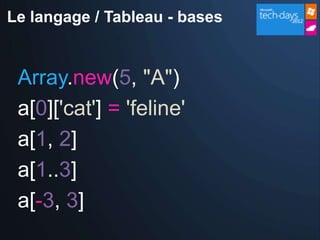 Le langage / Tableau - bases


 Array.new(5, "A")
 a[0]['cat'] = 'feline'
 a[1, 2]
 a[1..3]
 a[-3, 3]
 