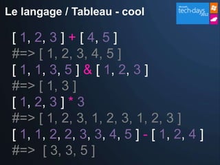 Le langage / Tableau - cool

 [ 1, 2, 3 ] + [ 4, 5 ]
 #=> [ 1, 2, 3, 4, 5 ]
 [ 1, 1, 3, 5 ] & [ 1, 2, 3 ]
 #=> [ 1, 3 ]
 [ 1, 2, 3 ] * 3
 #=> [ 1, 2, 3, 1, 2, 3, 1, 2, 3 ]
 [ 1, 1, 2, 2, 3, 3, 4, 5 ] - [ 1, 2, 4 ]
 #=> [ 3, 3, 5 ]
 