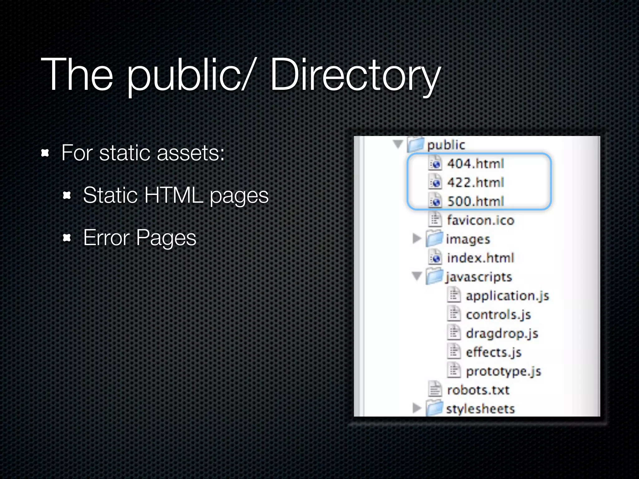 The public/ Directory
 For static assets:
   Static HTML pages
   Error Pages
 