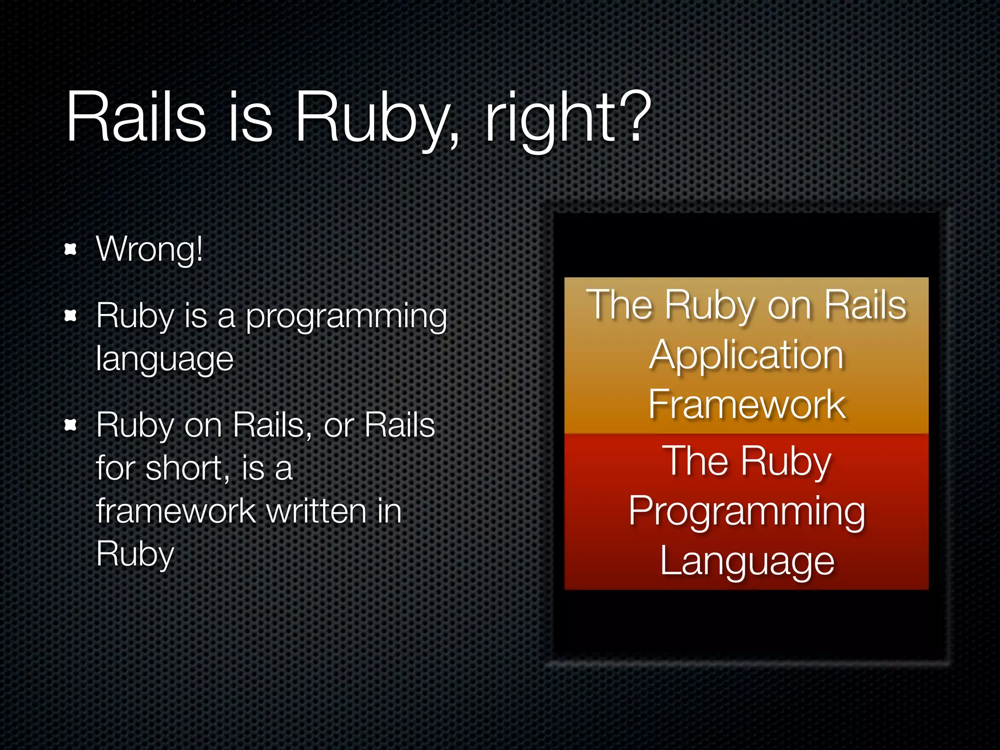 Rails is Ruby, right?
 Wrong!
 Ruby is a programming     The Ruby on Rails
 language                     Application
 Ruby on Rails, or Rails
                              Framework
 for short, is a               The Ruby
 framework written in        Programming
 Ruby                          Language
 
