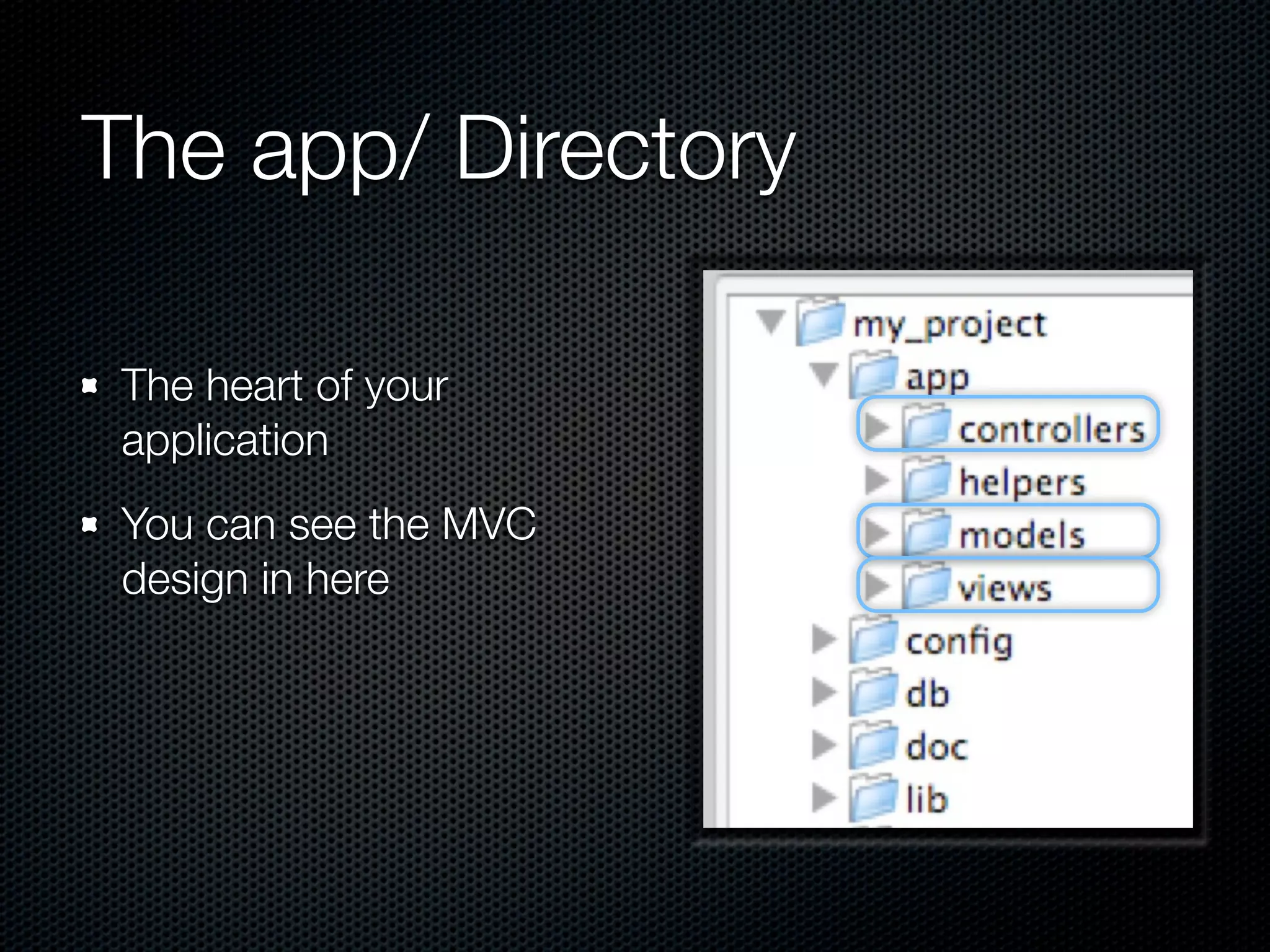 The app/ Directory

The heart of your
application
You can see the MVC
design in here
 
