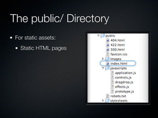 The public/ Directory
 For static assets:
   Static HTML pages
 