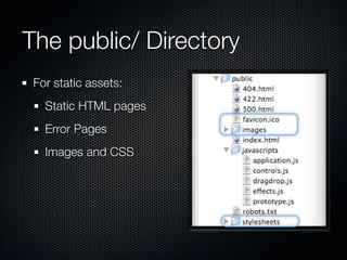 The public/ Directory
 For static assets:
   Static HTML pages
   Error Pages
   Images and CSS
 