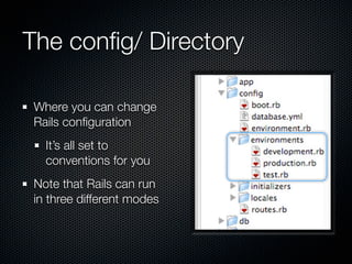 The conﬁg/ Directory

Where you can change
Rails conﬁguration
  It’s all set to
  conventions for you
Note that Rails can run
in three different modes
 