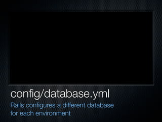 conﬁg/database.yml
Rails conﬁgures a different database
for each environment
 