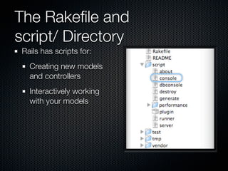 The Rakeﬁle and
script/ Directory
 Rails has scripts for:
   Creating new models
   and controllers
   Interactively working
   with your models
 