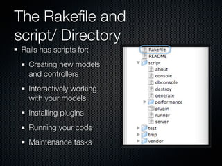 The Rakeﬁle and
script/ Directory
 Rails has scripts for:
   Creating new models
   and controllers
   Interactively working
   with your models
   Installing plugins
   Running your code
   Maintenance tasks
 