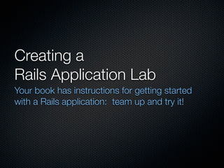 Creating a
Rails Application Lab
Your book has instructions for getting started
with a Rails application: team up and try it!
 