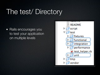 The test/ Directory

 Rails encourages you
 to test your application
 on multiple levels
 