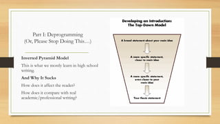 Part I: Deprogramming
(Or, Please Stop Doing This…)
Inverted Pyramid Model
This is what we mostly learn in high school
writing.
And Why It Sucks
How does it affect the reader?
How does it compare with real
academic/professional writing?
 