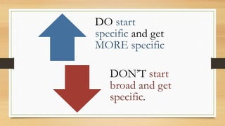 DO start
specific and get
MORE specific
DON’T start
broad and get
specific.
 