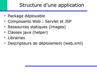 Structure d’une application Package déployable Composants Web : Servlet et JSP Ressources statiques (images) Classes java (helper) Librairies Descripteurs de déploiement (web.xml) 