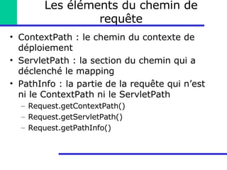 Les éléments du chemin de requête ContextPath : le chemin du contexte de déploiement ServletPath : la section du chemin qui a déclenché le mapping PathInfo : la partie de la requête qui n’est ni le ContextPath ni le ServletPath Request.getContextPath() Request.getServletPath() Request.getPathInfo() 