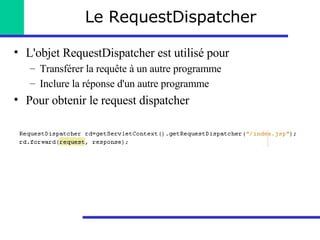 Le RequestDispatcher L'objet RequestDispatcher est utilisé pour Transférer la requête à un autre programme Inclure la réponse d'un autre programme Pour obtenir le request dispatcher  