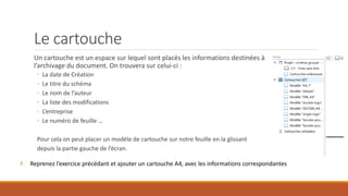 Le cartouche
Un cartouche est un espace sur lequel sont placés les informations destinées à
l’archivage du document. On trouvera sur celui-ci :
◦ La date de Création
◦ Le titre du schéma
◦ Le nom de l’auteur
◦ La liste des modifications
◦ L’entreprise
◦ Le numéro de feuille …
Pour cela on peut placer un modèle de cartouche sur notre feuille en la glissant
depuis la partie gauche de l’écran.
F. Reprenez l’exercice précédant et ajouter un cartouche A4, avec les informations correspondantes
 