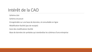 Intérêt de la CAO
-Schéma clair
-Schéma structuré
-Enregistrable sur une base de données, et consultable en ligne
-Modification facilité (pas de recopie)
-Suivi des modifications facilité
-Base de données de symboles qui standardise les schémas d’une entreprise
 
