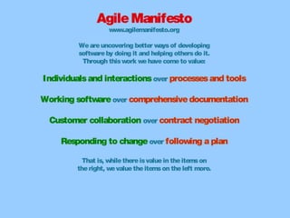 AgileManifesto
www.agilemanifesto.org
Weareuncovering better waysof developing
softwareby doing it and helping othersdo it...