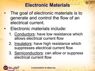 A presentation of eSyst.org
Electronic Materials
• The goal of electronic materials is to
generate and control the flow of an
electrical current.
• Electronic materials include:
1. Conductors: have low resistance which
allows electrical current flow
2. Insulators: have high resistance which
suppresses electrical current flow
3. Semiconductors: can allow or suppress
electrical current flow
 