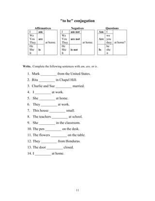 11
"to be" conjugation
Affirmatives Negatives Questions
I am I am not Am I
We
You
They
are
We
You
They
are not Are
we
you
they
He
She
It
is
at home.
He
She
It
is not
at home.
Is
he
she
it
at home?
Write. Complete the following sentences with am, are, or is.
1. Mark _________ from the United States.
2. Rita _________ in Chapel Hill.
3. Charlie and Sue _________ married.
4. I _________ at work.
5. She _________ at home.
6. They _________ at work.
7. This house _________ small.
8. The teachers _________ at school.
9. She _________ in the classroom.
10. The pen _________ on the desk.
11. The flowers _________ on the table.
12. They _________ from Honduras.
13. The door _________ closed.
14. I _________ at home.
 