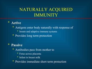 NATURALLY ACQUIRED
IMMUNITY
* Active
* Antigens enter body naturally with response of
* Innate and adaptive immune systems
* Provides long term protection
* Passive
* Antibodies pass from mother to
* Fetus across placenta
* Infant in breast milk
* Provides immediate short term protection
 