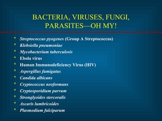 BACTERIA, VIRUSES, FUNGI,
PARASITES—OH MY!
* Streptococcus pyogenes (Group A Streptococcus)
* Klebsiella pneumoniae
* Mycobacterium tuberculosis
* Ebola virus
* Human Immunodeficiency Virus (HIV)
* Aspergillus fumigatus
* Candida albicans
* Cryptococcus neoformans
* Cryptosporidium parvum
* Stronglyoides stercoralis
* Ascaris lumbricoides
* Plasmodium falciparum
 
