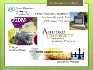 Employment History


     Marketing
     Coordinator   Parent Volunteer Coordinator
                        Teacher – Grades K, 3, 6
                          STAR Testing Facilitator




                                  Admission Counselor

College
Representative




                                      Operations Manger
 