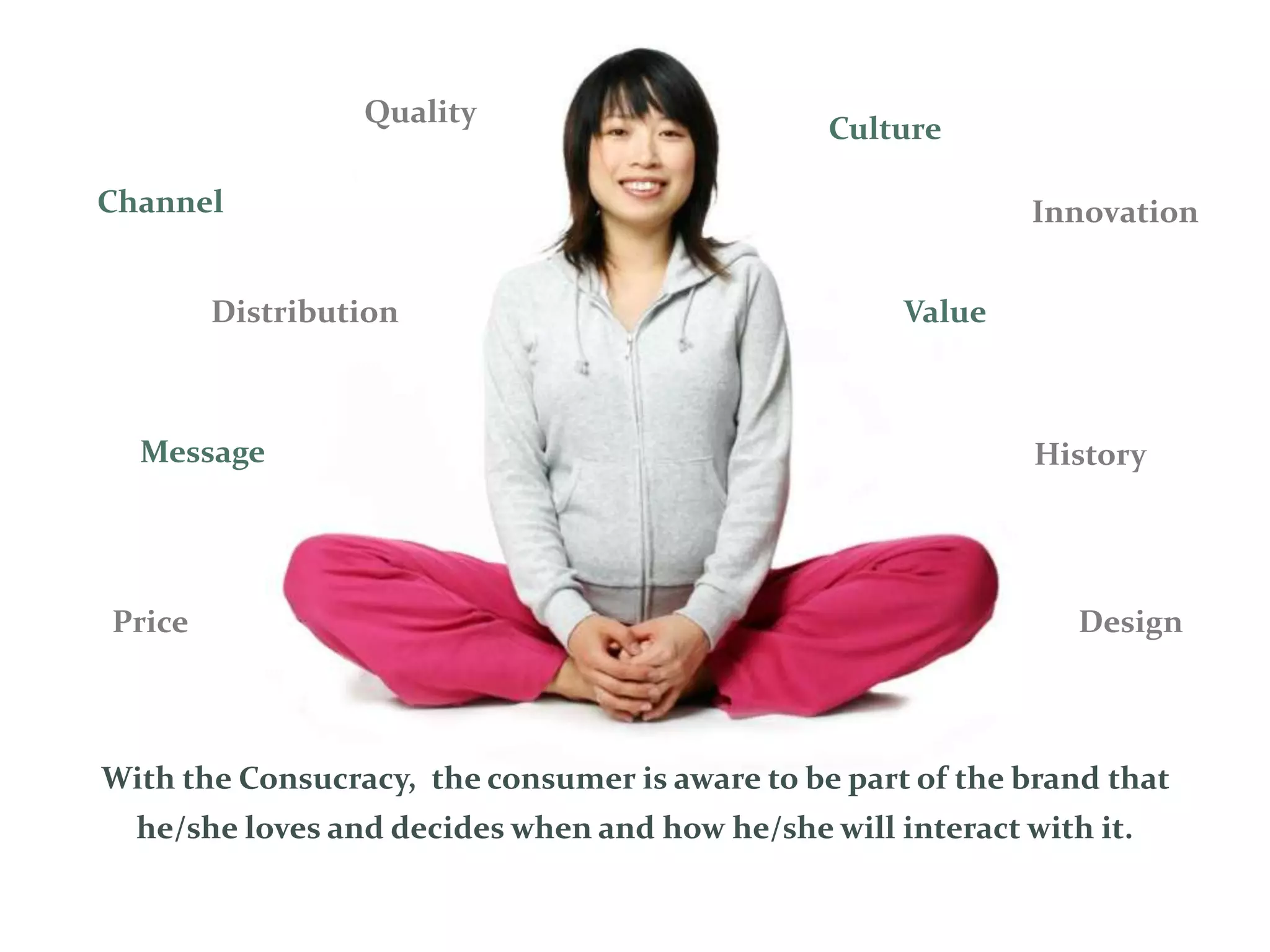 Quality
                                                Culture

Channel                                                       Innovation


        Distribution                                 Value



  Message                                                     History




Price                                                            Design



With the Consucracy, the consumer is aware to be part of the brand that
  he/she loves and decides when and how he/she will interact with it.
 
