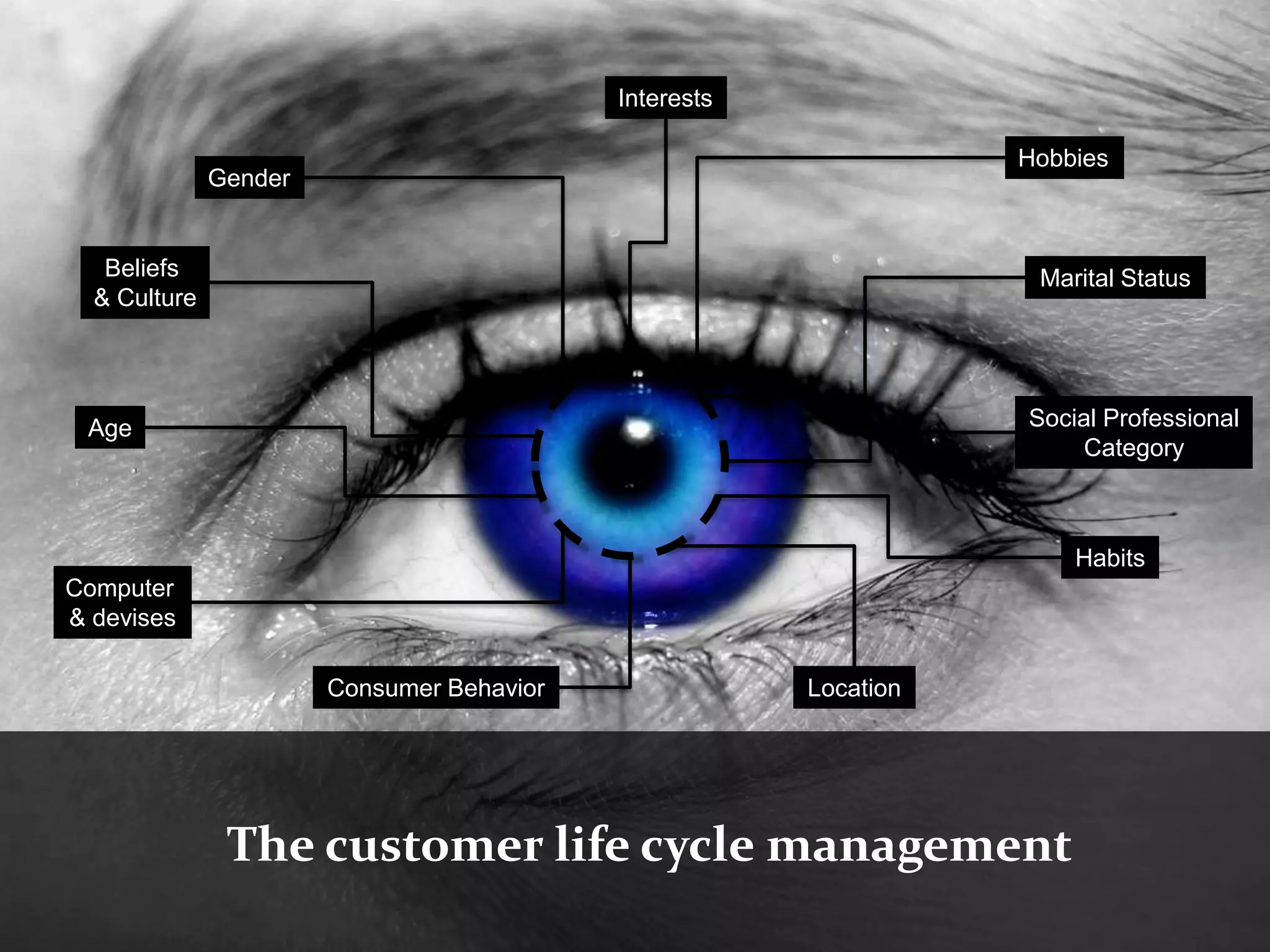 Interests

                                                                  Hobbies
              Gender


   Beliefs                                                         Marital Status
  & Culture




 Age                                                              Social Professional
                                                                      Category



                                                                      Habits
Computer
& devises

                       Consumer Behavior               Location




               The customer life cycle management
 