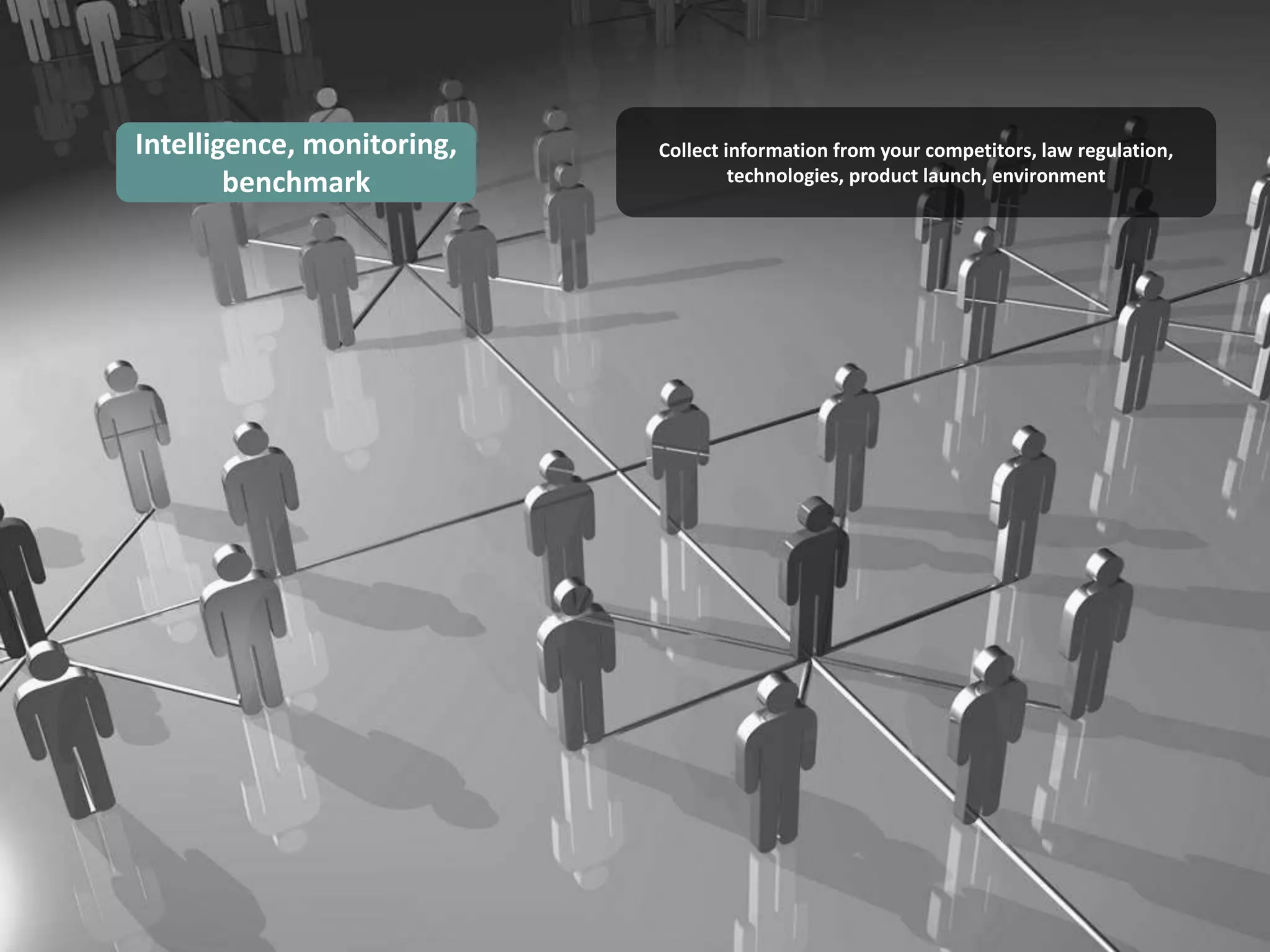 Intelligence, monitoring,   Collect information from your competitors, law regulation,
        benchmark                    technologies, product launch, environment
 