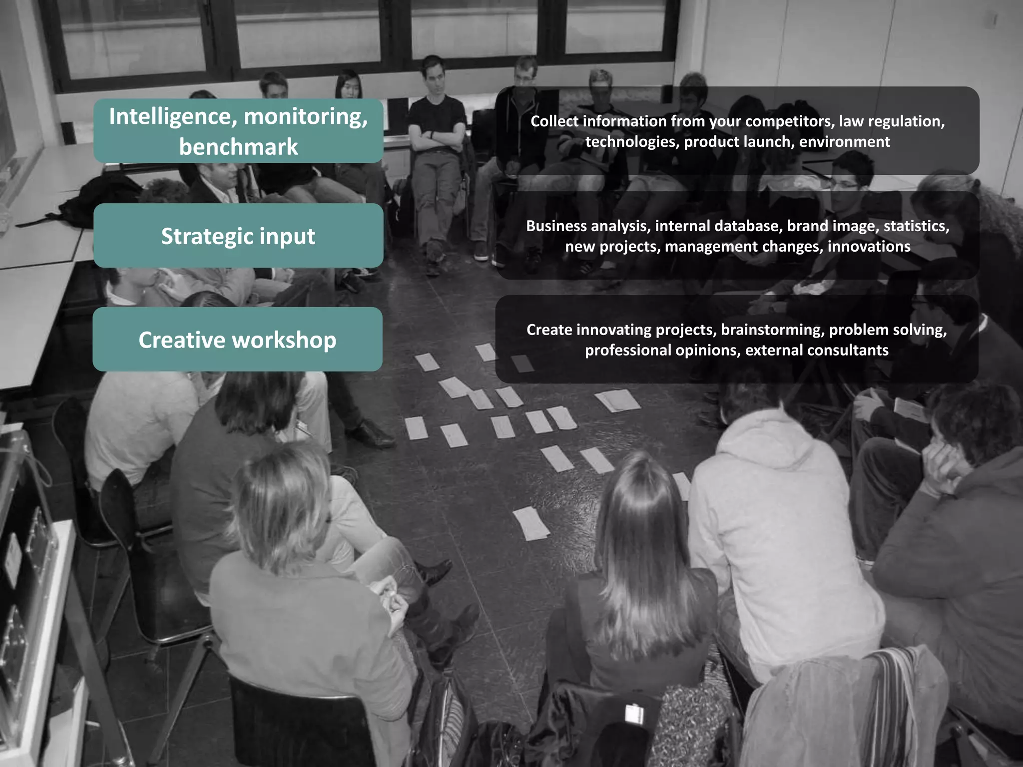 Intelligence ,monitoring,     Collect information from your competitors, law regulation,
  Intelligence, monitoring,     Collect information from your competitors, law regulation,
                                     technologies, product launch, envronnement
        benchmark                        technologies, product launch, environment
          benchmark

                              Business analysis, internal data base, brand image, statistic,
     Strategic input            Business analysis,change management, innovationstatistics,
                                    new project, internal database, brand image,
       Strategic input               new projects, management changes, innovations



                                Create innovating projects, brainstorming, problem solving,
    Creative workshop                   professional opinions, external consultants
 
