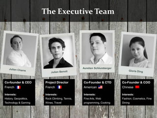 The Executive Team




                                                 Aurelien Schlumberger




Co-founder & CEO        Project Director         Co-Founder & CTO        Co-Founder & COO
French                  French                   American                Chinese

Interests:              Interests:               Interests:              Interests:
History, Geopolitics,   Rock Climbing, Tennis,   Fine Arts, Web          Fashion, Cosmetics, Fine
Technology & Gaming     Wines, Travel            programming, Cooking    Dining
 