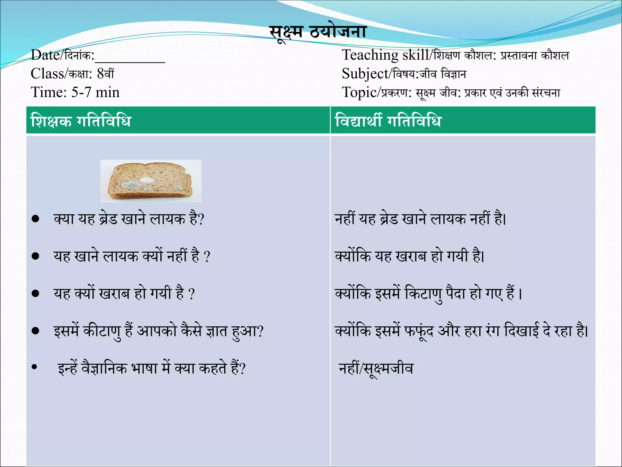 शशक्षक गशतशवशि शवद्यार्थी गशतशवशि
• क्या यह ब्रेड खाने लायक है?
• यह खाने लायक क्यों नहीं है ?
• यह क्यों खराब हो गयी है ?
• इसमें कीटाणु हैं आपको कैसे ज्ञात हआ?
• इधहें वैज्ञाशनक भार्ा में क्या कहते हैं?
नहीं यह ब्रेड खाने लायक नहीं है।
क्योंशक यह खराब हो गयी है।
क्योंशक इसमें शकटाणु पैदा हो गए हैं ।
क्योंशक इसमें फफूंद और हरा रंग शदखाई दे रहा है।
नहीं/सूक्ष्मजीव
सूक्ष्म ठयोजना
Date/शदनांक:_________ Teaching skill/शिक्षण कौिल: प्रस्तावना कौिल
Class/कक्षा: 8वीं Subject/शवर्य:जीव शवज्ञान
Time: 5-7 min Topic/प्रकरण: सूक्ष्म जीव: प्रकार एवं उनकी संरिना
 