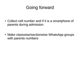 Going forward
● Collect cell number and if it is a smartphone of
parents during admission
● Make classwise/sectionwise WhatsApp groups
with parents numbers
 