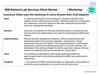 IBM Rational Lab Services Client Stories

Client
Win

| Workshop

Insurance Client uses the workshop to move forward their CLM adoption
Need

A roadmap outlining the overall strategy for complete enterprise-wide
adoption of five CLM products purchased. Additional need for an initial phase
one roadmap for short-term execution with clear milestones and activities
which can implemented iteratively.

Solution

Discovery and Deployment Planning Workshop tailored to include business
planning and some release/deploy use cases for implementing CLM/DevOps
solution.

Implementation

Rational Services facilitated the workshop. Client provided practice and
stakeholder leaders from business integration, requirements, design,
development, test and UAT teams. The workshop delivered a current status
assessment, architecture (heterogeneous) and a 12-month roadmap. The
deliverable of the workshop helped the client’s executives make an informed
decision to reallocate funds and accelerate their roll out plans.

Value

The workshop accelerated the client decision/planning timeline by
approximately three months while benefiting from IBM’s best practices and
experiences.

Feedback

"...the outcomes of IBM's workshop doubled my expectations and enabled us
to take the outcomes directly to our senior execs for resourcing..."

© 2014 IBM Corporation

 