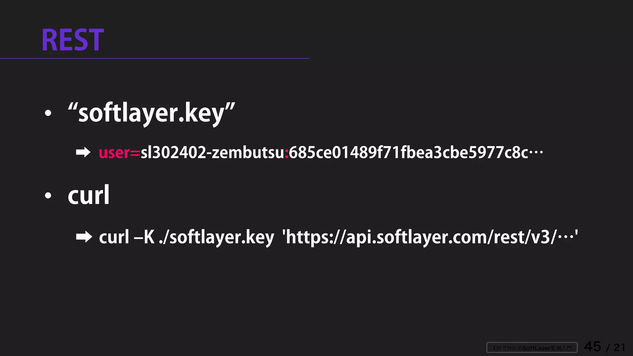 1分で分かるSoftLayer監視入門 45 / 21
REST
• “softlayer.key”
➡ user=sl302402-zembutsu:685ce01489f71fbea3cbe5977c8c…
• curl
➡ curl –K ./softlayer.key 'https://api.softlayer.com/rest/v3/…'
 