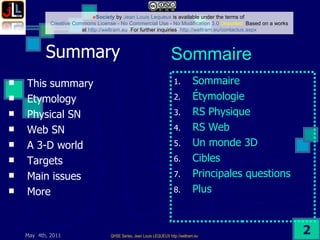 Summary  This summary Etymology Physical SN Web SN A 3-D world Targets Main issues More Sommaire Étymologie RS Physique RS Web Un monde 3D Cibles Principales questions Plus Sommaire 