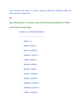exists between the rows of a table, a process called tree walking enables the
hierarchy to be constructed.
Ex:
SQL> select ename || '==>' || prior ename, level from emp start with ename = 'KING'
connect by prior empno=mgr;
ENAME||'==>'||PRIORENAM LEVEL
------------------------------------ -------KING==> 1
JONES==>KING 2
SCOTT==>JONES 3
ADAMS==>SCOTT 4
FORD==>JONES 3
SMITH==>FORD 4
BLAKE==>KING 2
ALLEN==>BLAKE 3
WARD==>BLAKE 3
MARTIN==>BLAKE 3
TURNER==>BLAKE 3
JAMES==>BLAKE 3

 