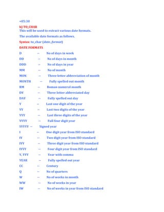 +05:30
h) TO_CHAR
This will be used to extract various date formats.
The available date formats as follows.
Syntax: to_char (date, format)
DATE FORMATS
D

--

No of days in week

DD

--

No of days in month

DDD

--

No of days in year

MM

--

No of month

MON

--

Three letter abbreviation of month

MONTH

--

Fully spelled out month

RM

--

Roman numeral month

DY

--

Three letter abbreviated day

DAY

--

Fully spelled out day

Y

--

Last one digit of the year

YY

--

Last two digits of the year

YYY

--

Last three digits of the year

YYYY

--

Full four digit year

SYYYY --

Signed year

I

--

One digit year from ISO standard

IY

--

Two digit year from ISO standard

IYY

--

Three digit year from ISO standard

IYYY

--

Four digit year from ISO standard

Y, YYY

--

Year with comma

YEAR

--

Fully spelled out year

CC

--

Century

Q

--

No of quarters

W

--

No of weeks in month

WW

--

No of weeks in year

IW

--

No of weeks in year from ISO standard

 
