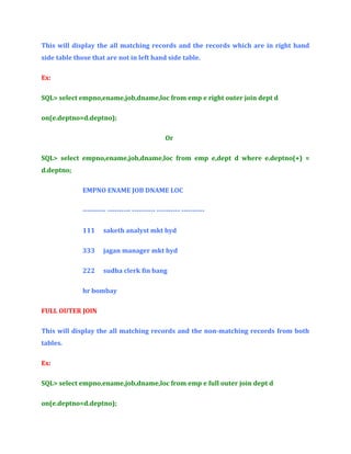 This will display the all matching records and the records which are in right hand
side table those that are not in left hand side table.
Ex:
SQL> select empno,ename,job,dname,loc from emp e right outer join dept d
on(e.deptno=d.deptno);
Or
SQL> select empno,ename,job,dname,loc from emp e,dept d where e.deptno(+) =
d.deptno;
EMPNO ENAME JOB DNAME LOC
---------- ---------- ---------- ---------- ---------111

saketh analyst mkt hyd

333

jagan manager mkt hyd

222

sudha clerk fin bang

hr bombay
FULL OUTER JOIN
This will display the all matching records and the non-matching records from both
tables.
Ex:
SQL> select empno,ename,job,dname,loc from emp e full outer join dept d
on(e.deptno=d.deptno);

 