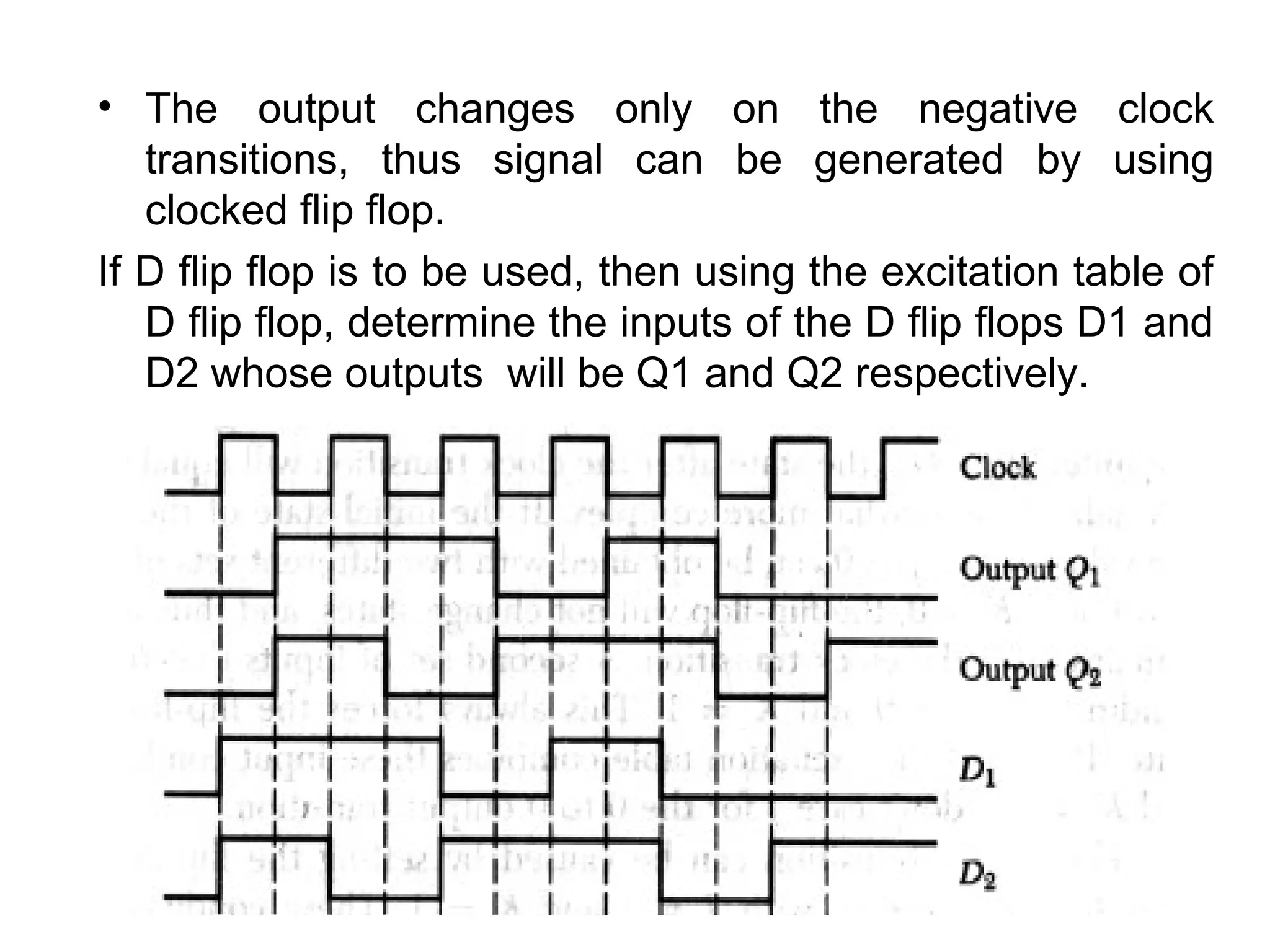• The output changes only on the negative clock
transitions, thus signal can be generated by using
clocked flip flop.
If D flip flop is to be used, then using the excitation table of
D flip flop, determine the inputs of the D flip flops D1 and
D2 whose outputs will be Q1 and Q2 respectively.

 