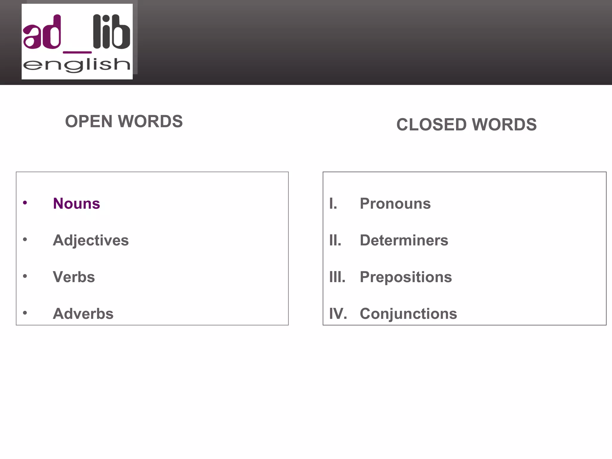 OPEN WORDS CLOSED WORDS Nouns Adjectives Verbs Adverbs Pronouns Determiners Prepositions Conjunctions 