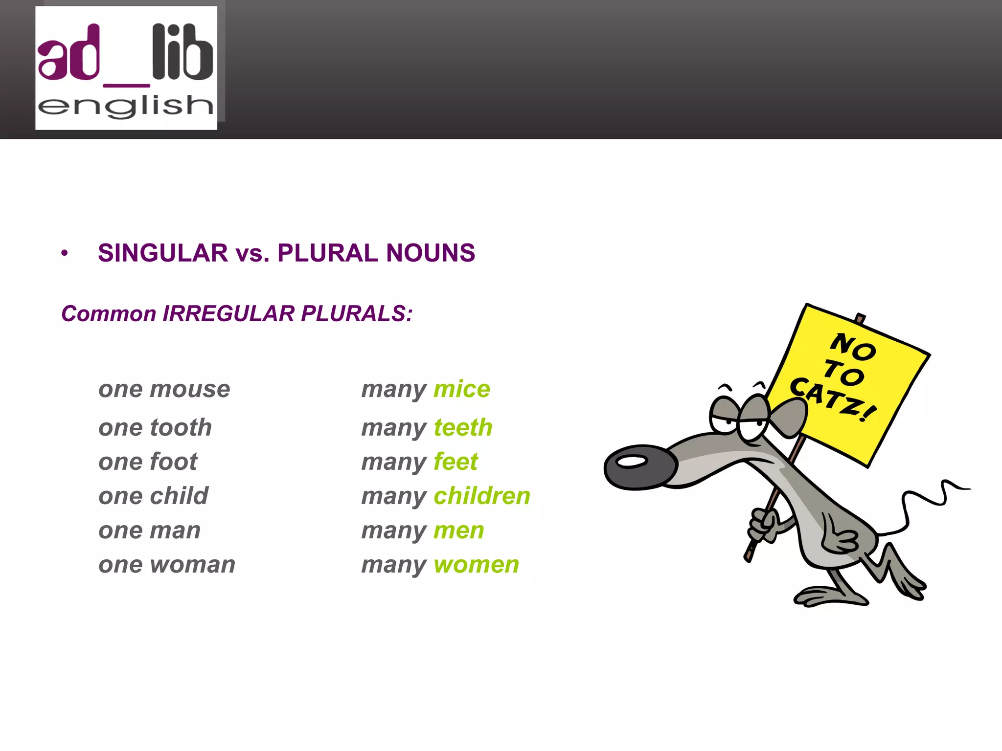 SINGULAR vs. PLURAL NOUNS Common IRREGULAR PLURALS:  one mouse many  mice one tooth  many  teeth one foot many  feet one child many  children one man many  men one woman many  women 