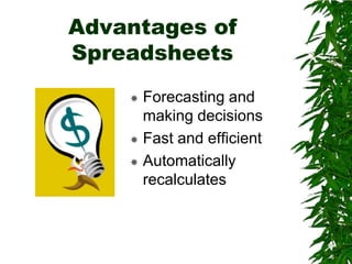 Advantages of SpreadsheetsForecasting and making decisionsFast and efficientAutomatically recalculates 