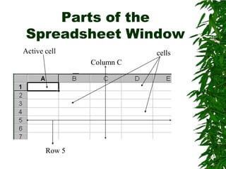 Parts of the Spreadsheet WindowActive cellcellsColumn CRow 5