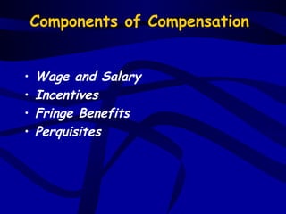 Components of Compensation


•   Wage and Salary
•   Incentives
•   Fringe Benefits
•   Perquisites
 