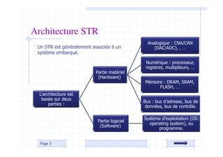 Page 3
Architecture STR
L’architecture est
basée sur deux
parties :
Partie matériel
(Hardware)
Analogique : CNA/CAN
(DAC/ADC), , …
Numérique : processeur,
registres, multiplieurs, …
Mémoire : DRAM, SRAM,
FLASH, …
Bus : bus d’adresse, bus de
données, bus de contrôle.
Partie logiciel
(Software)
Système d’exploitation (OS:
operating system), ou
programme.
Un STR est généralement associée à un
système embarqué.
 
